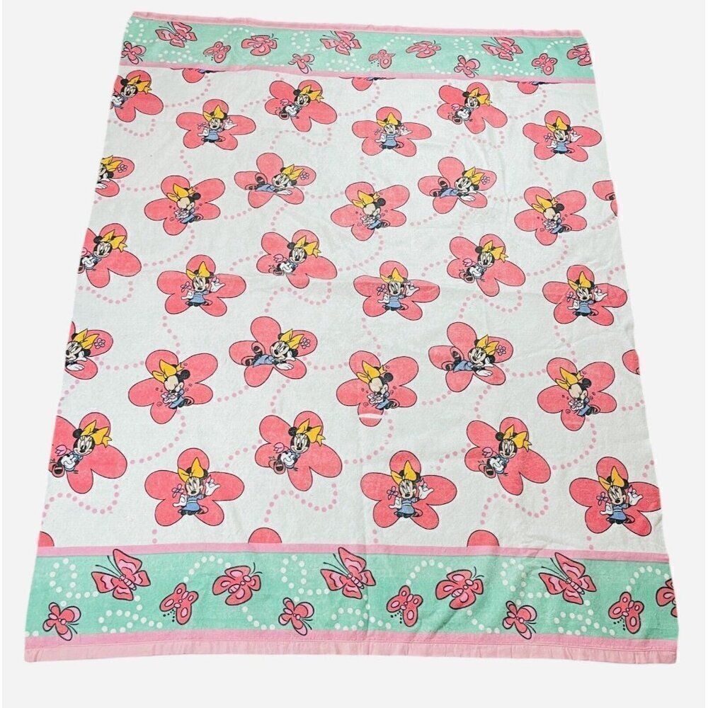 RARE Vintage 1980s Disney Minnie Mouse Satin Edge Blanket 89 x 70 Butterflies